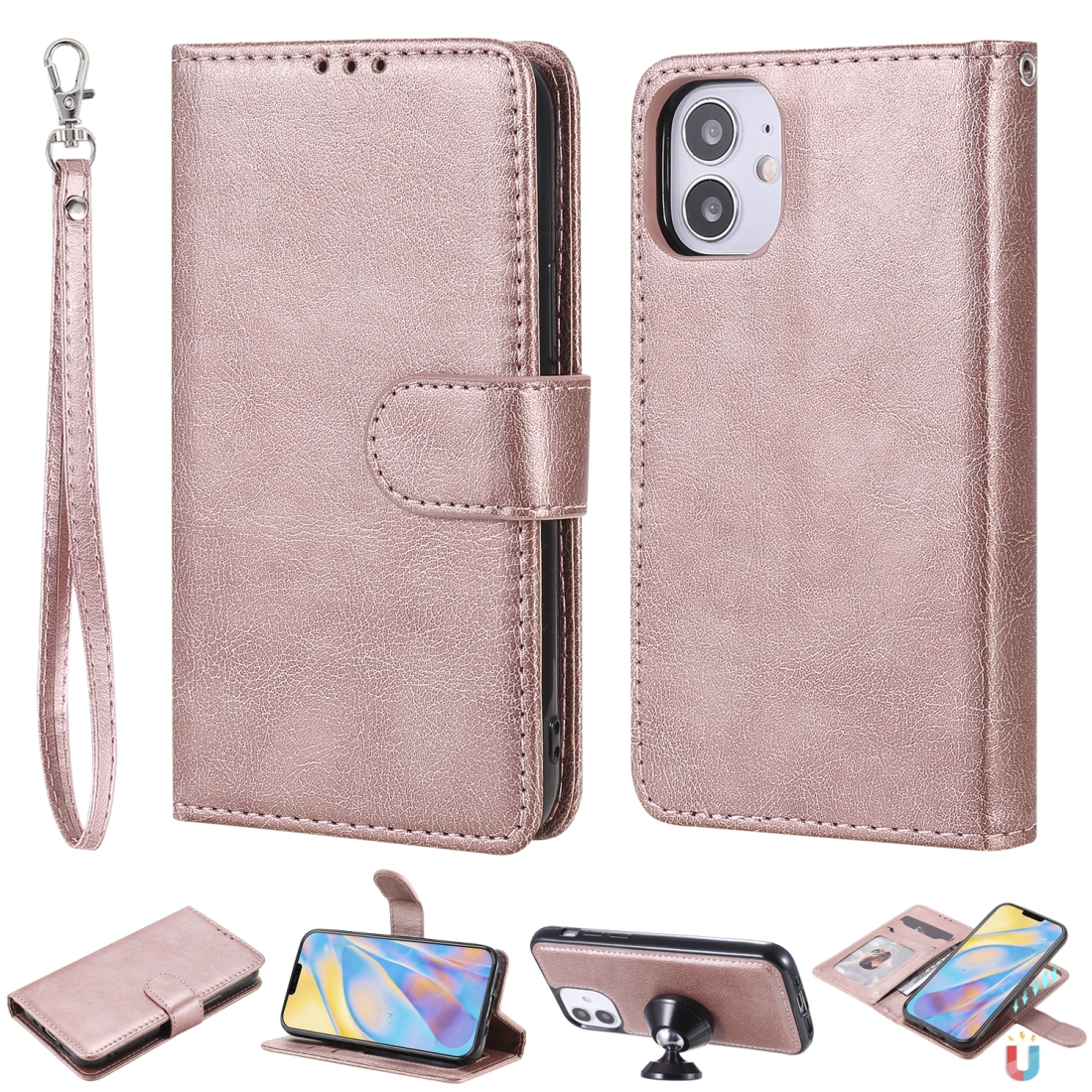 For iPhone 12 mini 2 in 1 Solid Color Detachable PU Leather Case with Card Slots & Magnetic Holder & Photo Frame & Wallet & Strap(Rose Gold) For iPhone 12 mini 2 in 1 Solid Color Detachable PU Leather Case with Card Slots & Magnetic Holder & Photo Frame & Wallet & Strap(Rose Gold)