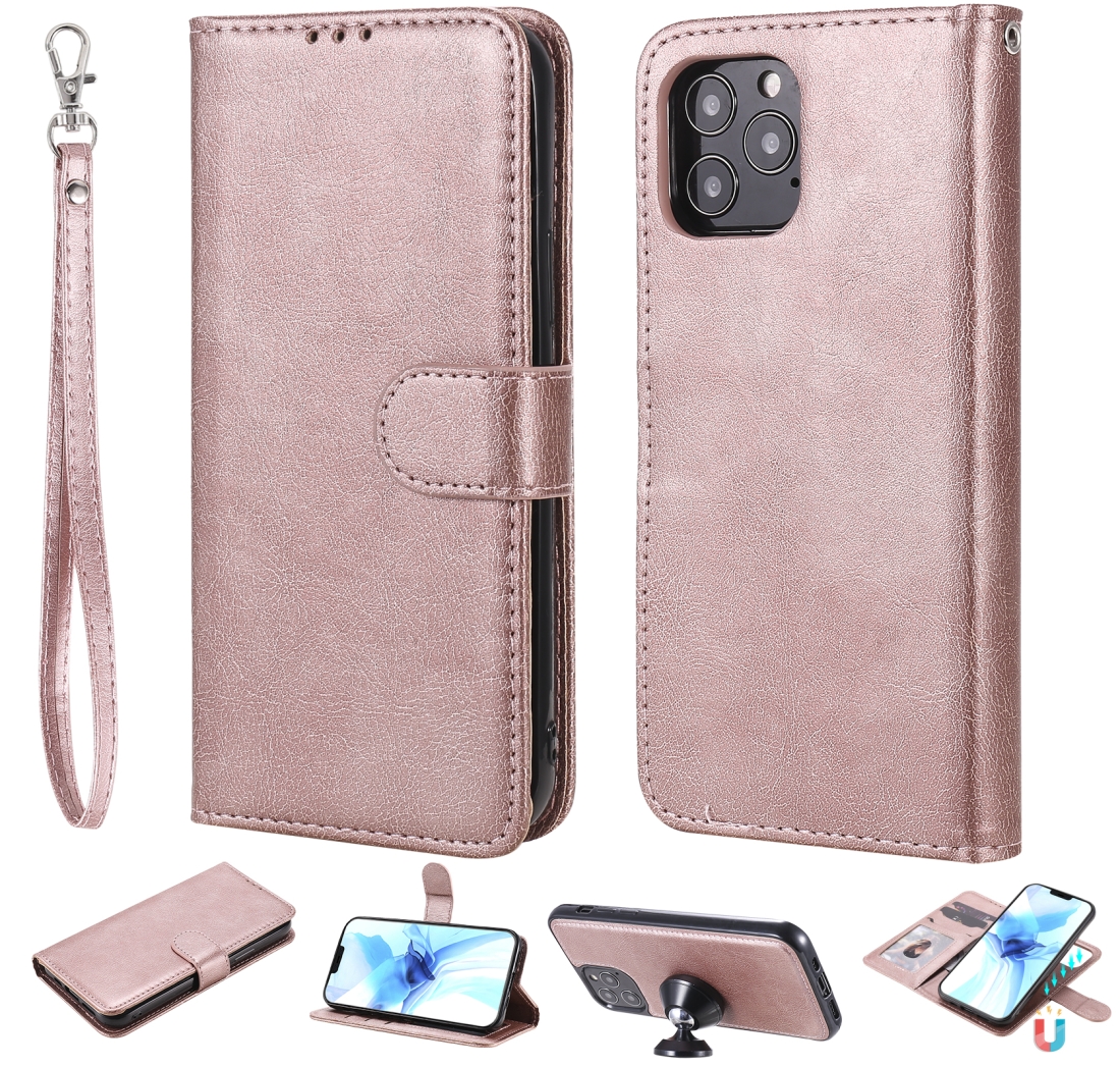 For iPhone 12 / 12 Pro 2 in 1 Solid Color Detachable PU Leather Case with Card Slots & Magnetic Holder & Photo Frame & Wallet & Strap(Rose Gold) For iPhone 12 / 12 Pro 2 in 1 Solid Color Detachable PU Leather Case with Card Slots & Magnetic Holder & Photo Frame & Wallet & Strap(Rose Gold)