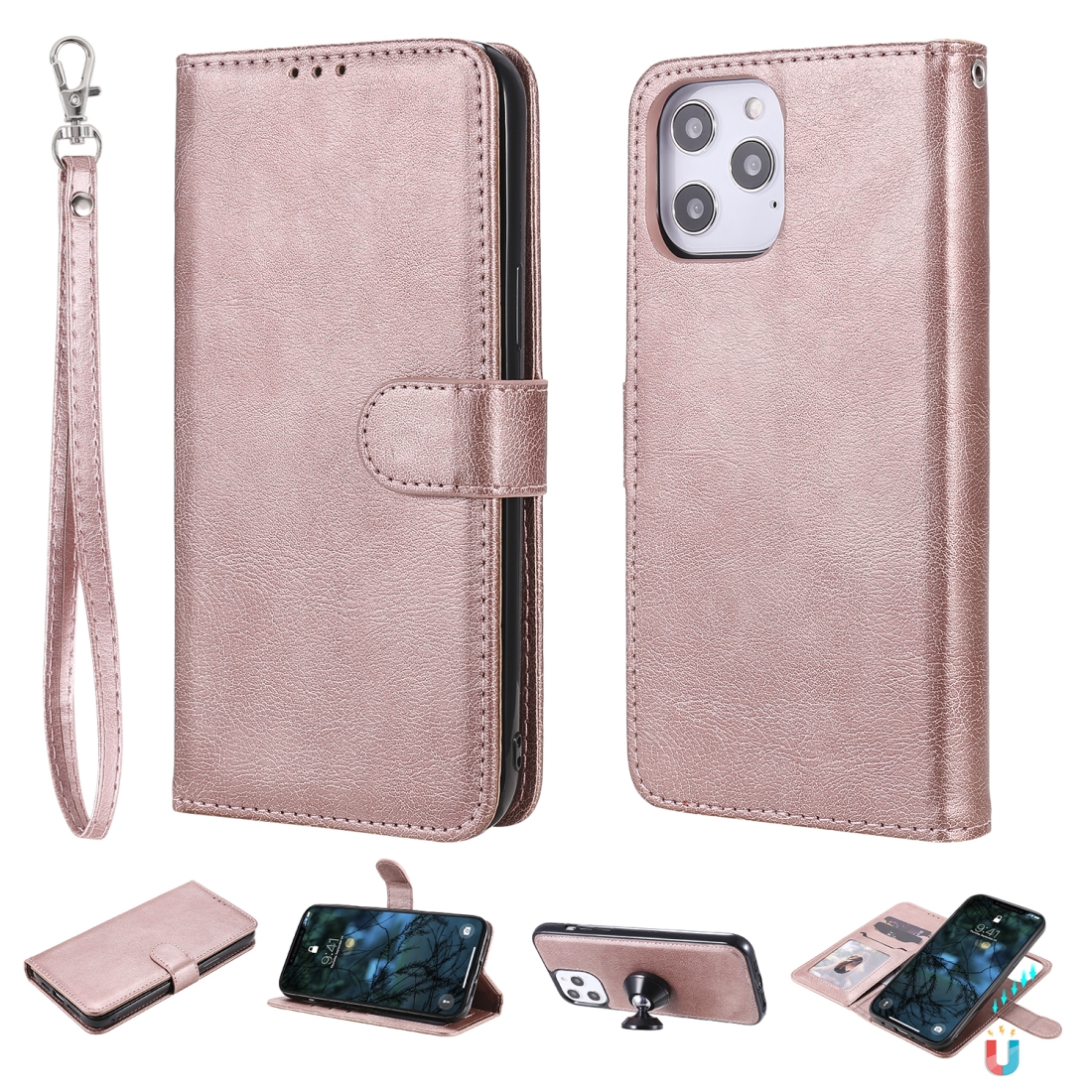 For iPhone 12 Pro Max 2 in 1 Solid Color Detachable PU Leather Case with Card Slots & Magnetic Holder & Photo Frame & Wallet & Strap(Rose Gold) For iPhone 12 Pro Max 2 in 1 Solid Color Detachable PU Leather Case with Card Slots & Magnetic Holder & Photo Frame & Wallet & Strap(Rose Gold)
