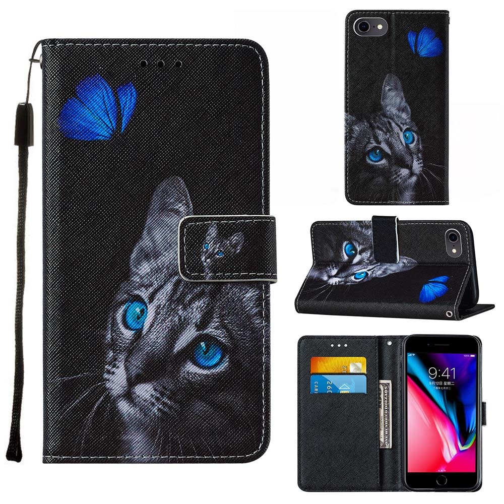 For iPhone SE 2022 / SE 2020 / 8 / 7 / 6 Cross Texture Painting Pattern Horizontal Flip Leather Case with Holder & Card Slots & Wallet & Lanyard(Blue Butterfly Cats Eye) For iPhone SE 2022 / SE 2020 / 8 / 7 / 6 Cross Texture Painting Pattern Horizontal Flip Leather Case with Holder & Card Slots & Wallet & Lanyard(Blue Butterfly Cats Eye)