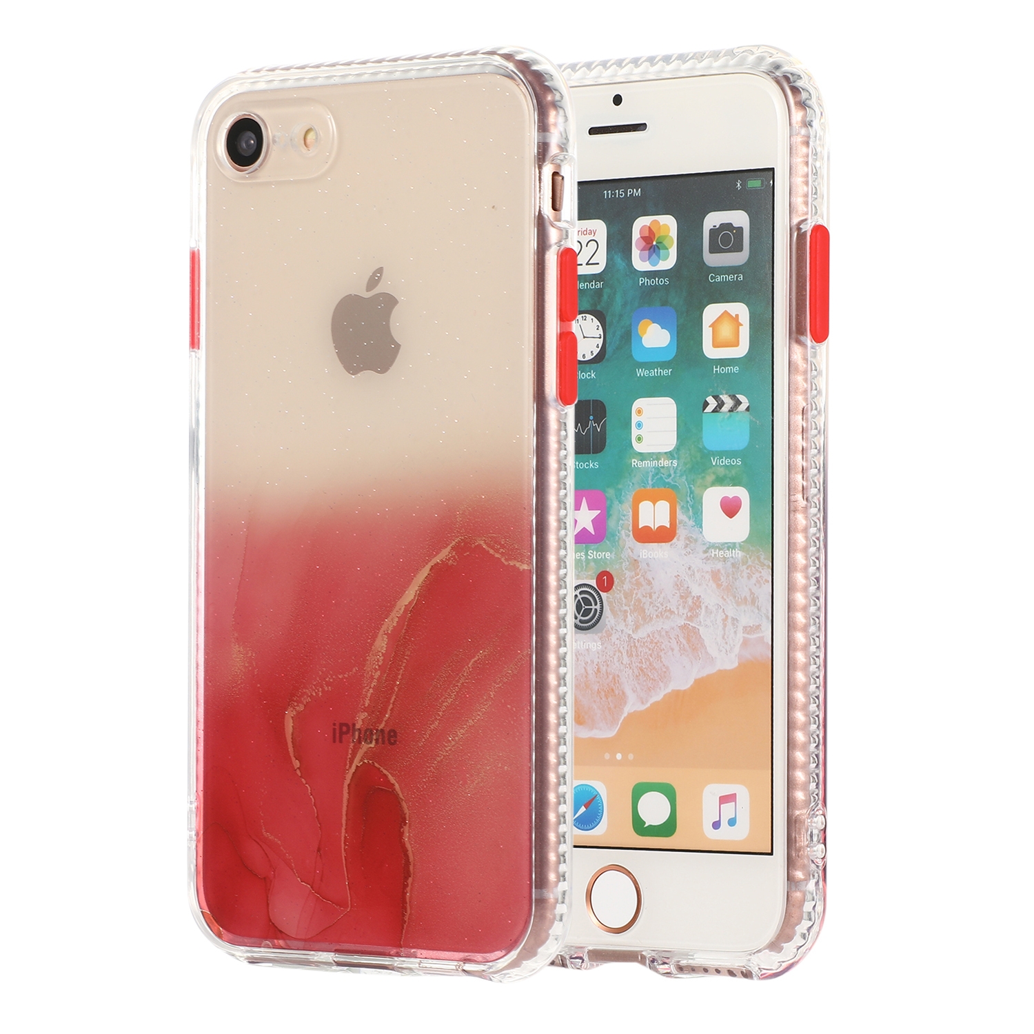 For iPhone SE 2022 / SE 2020 / 8 / 7 Marble Pattern Glittery Powder Shockproof TPU Case with Detachable Buttons(Red) For iPhone SE 2022 / SE 2020 / 8 / 7 Marble Pattern Glittery Powder Shockproof TPU Case with Detachable Buttons(Red)