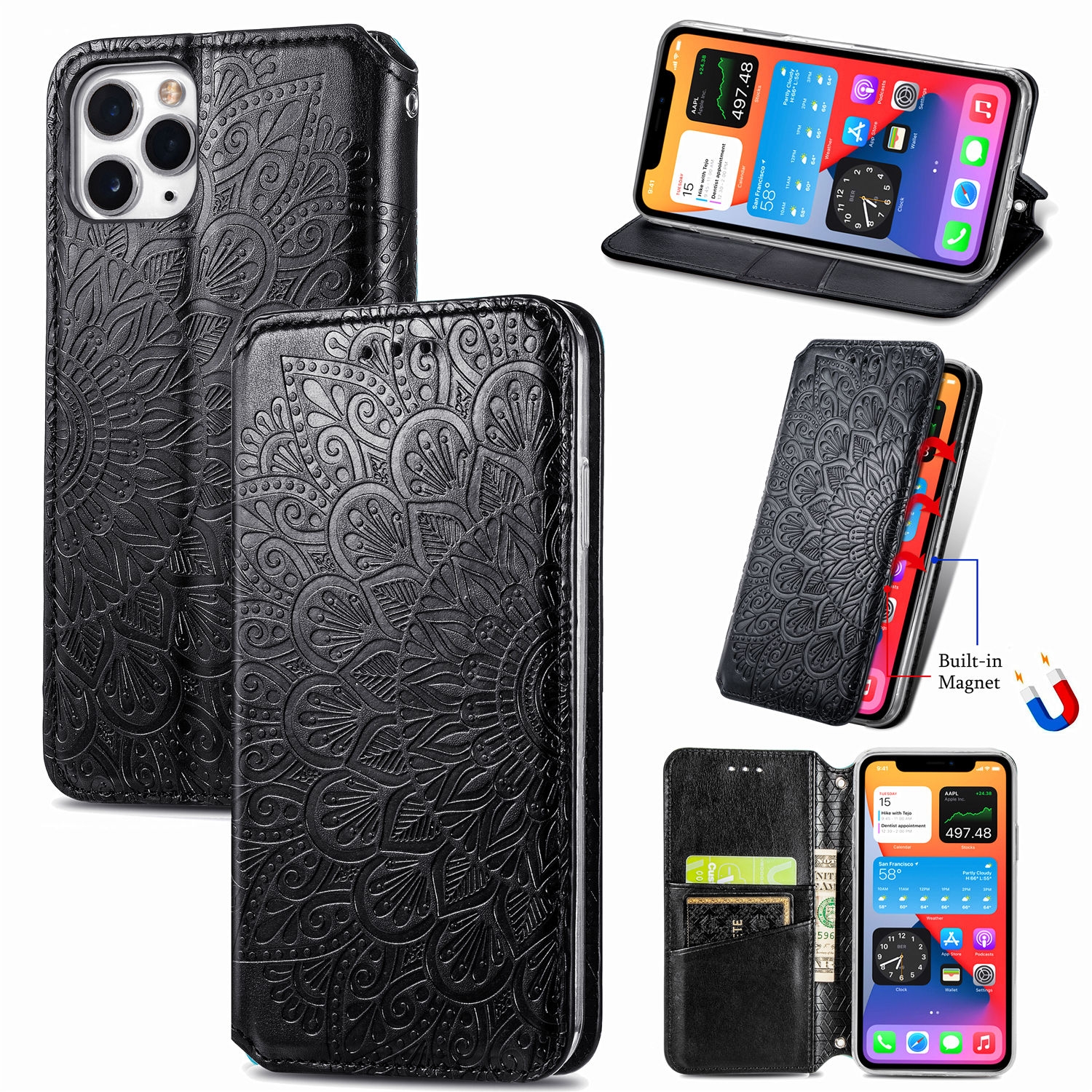 For iPhone 11 Pro Blooming Mandala Embossed Pattern Magnetic Horizontal Flip Leather Case with Holder & Card Slots & Wallet(Black) For iPhone 11 Pro Blooming Mandala Embossed Pattern Magnetic Horizontal Flip Leather Case with Holder & Card Slots & Wallet(Black)