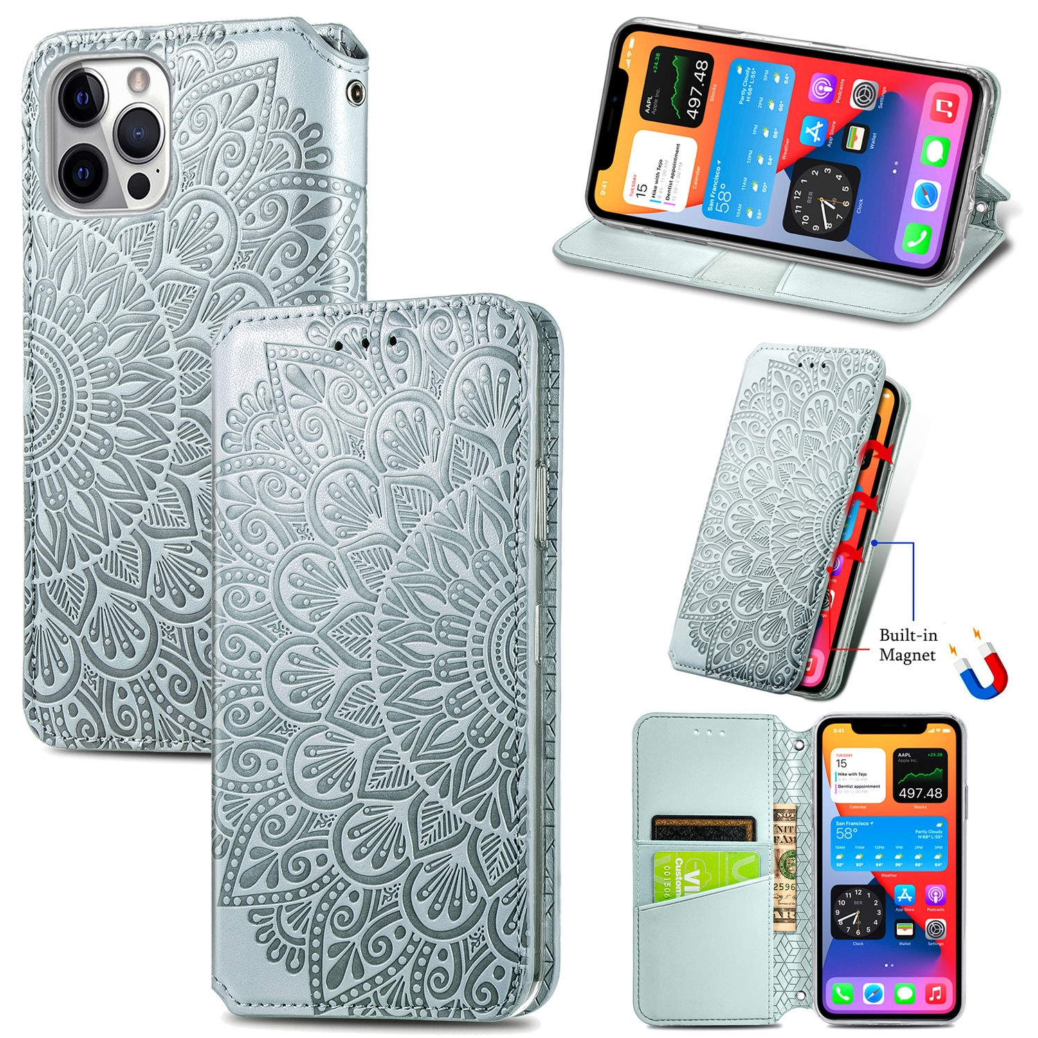 For iPhone 12 / 12 Pro Blooming Mandala Embossed Pattern Magnetic Horizontal Flip Leather Case with Holder & Card Slots & Wallet(Grey) For iPhone 12 / 12 Pro Blooming Mandala Embossed Pattern Magnetic Horizontal Flip Leather Case with Holder & Card Slots & Wallet(Grey)