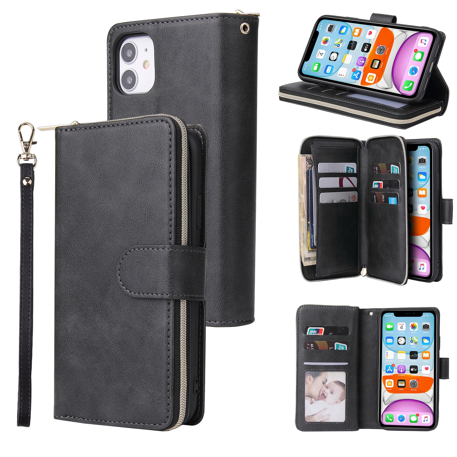 For iPhone 11 Pro Zipper Wallet Bag Horizontal Flip PU Leather Case with Holder & 9 Card Slots & Wallet & Lanyard & Photo Frame(Black) For iPhone 11 Pro Zipper Wallet Bag Horizontal Flip PU Leather Case with Holder & 9 Card Slots & Wallet & Lanyard & Photo Frame(Black)