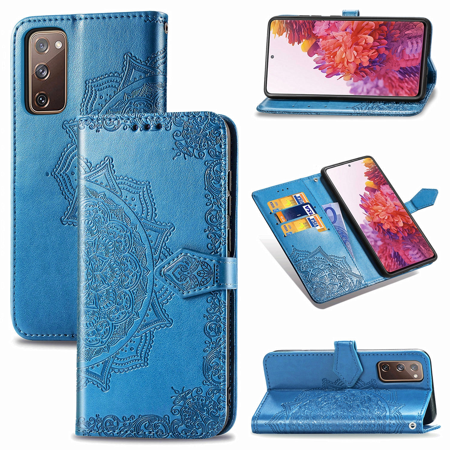 For Samsung Galaxy S20 FE Embossed Mandala Pattern TPU + PU Horizontal Flip Leather Case with Holder & Three Card Slots & Wallet(Blue) For Samsung Galaxy S20 FE Embossed Mandala Pattern TPU + PU Horizontal Flip Leather Case with Holder & Three Card Slots & Wallet(Blue)
