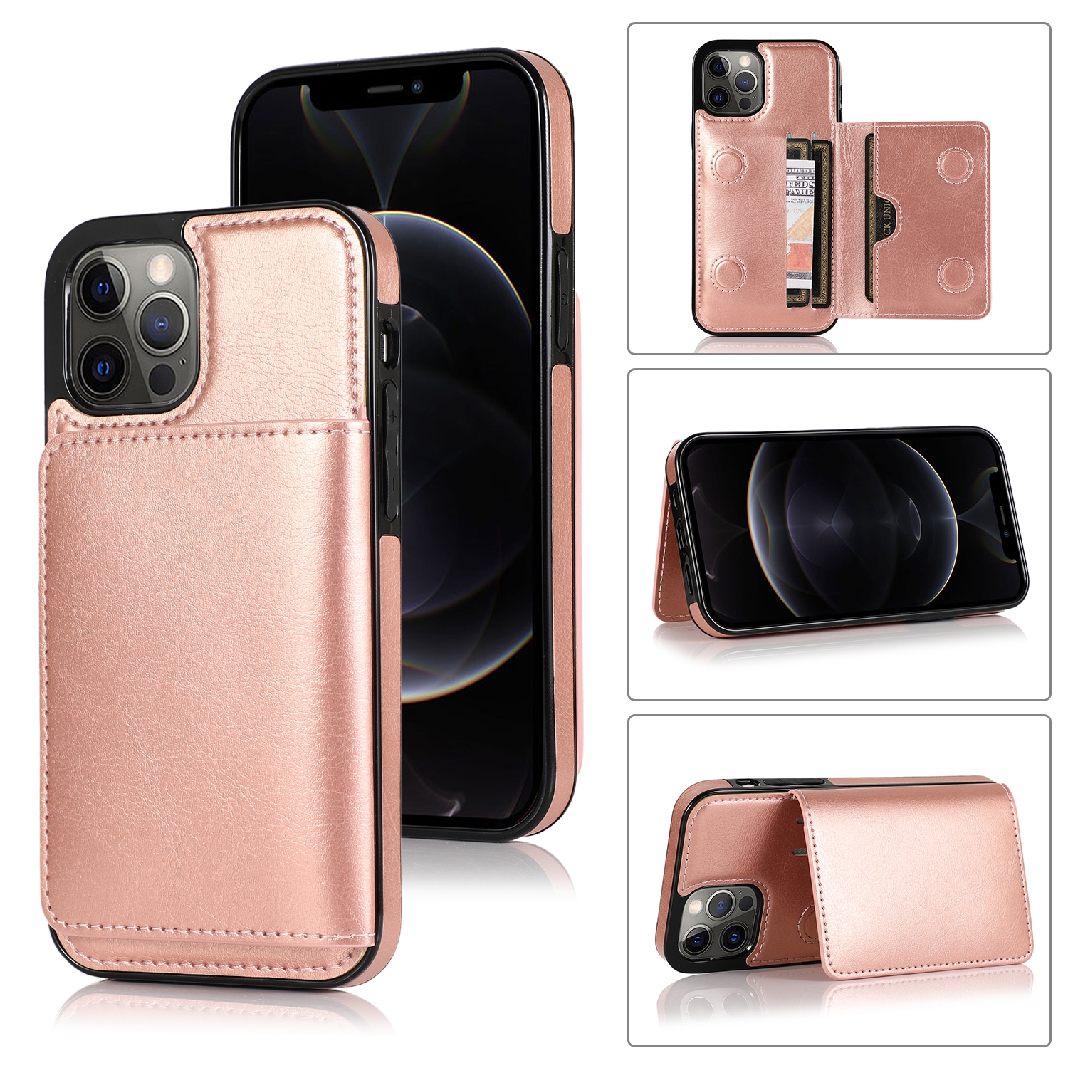 For iPhone 12 Pro Max Shockproof PU + TPU Protective Case with Card Slots & Holder(Rose Gold) For iPhone 12 Pro Max Shockproof PU + TPU Protective Case with Card Slots & Holder(Rose Gold)