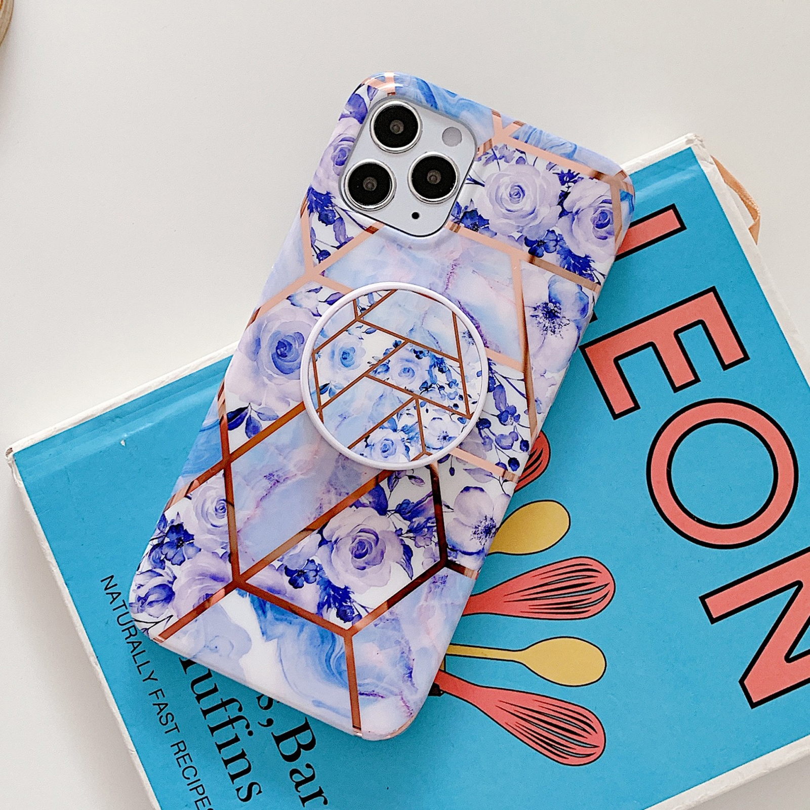 Electroplating Stitching Pattern Soft TPU Protective Case With Folding Holder For iPhone 11(Stitching Blue Flowers) Electroplating Stitching Pattern Soft TPU Protective Case With Folding Holder For iPhone 11(Stitching Blue Flowers)