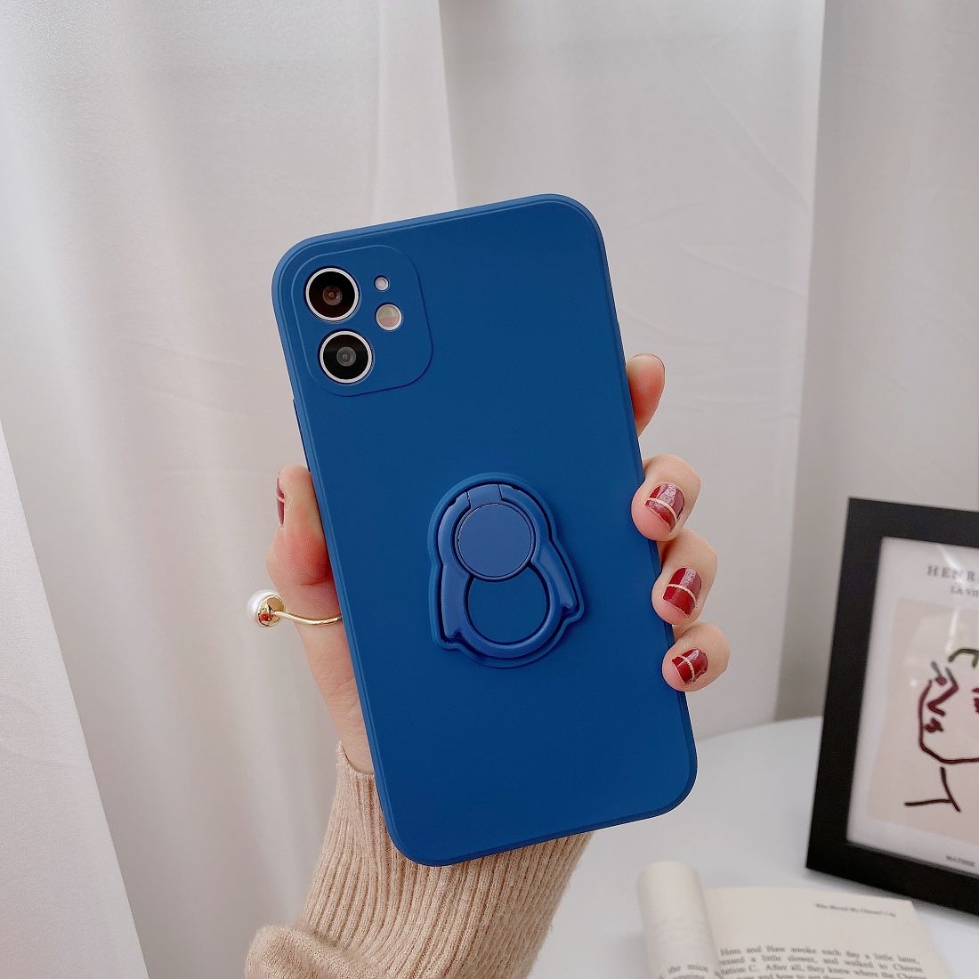 For iPhone 12 Solid Color TPU Protective Case with Penguin Holder(Blue) For iPhone 12 Solid Color TPU Protective Case with Penguin Holder(Blue)