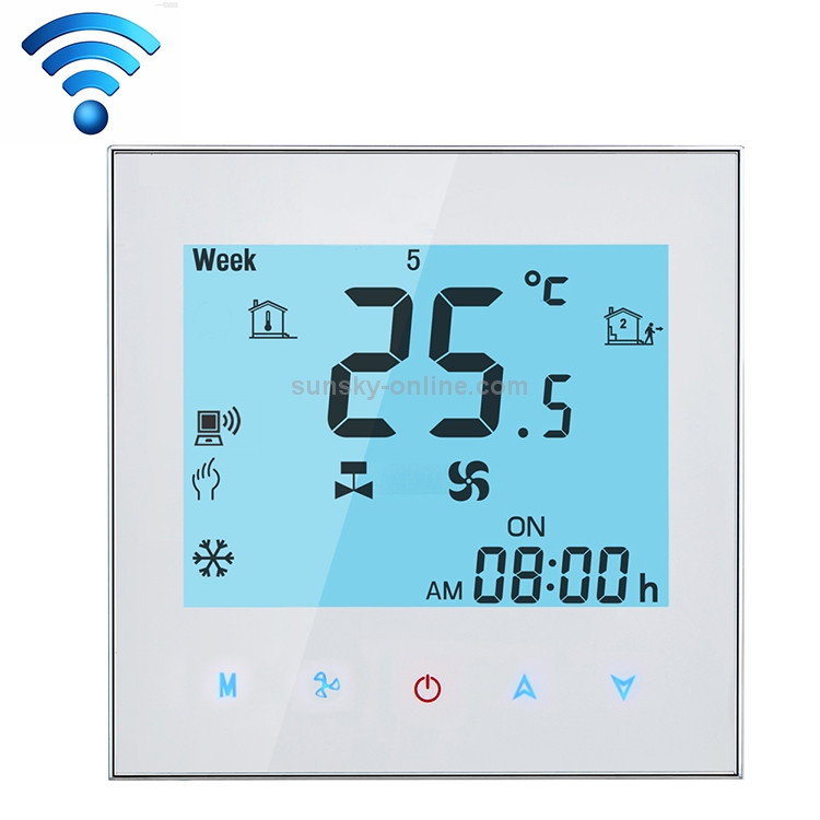 LCD Display Air Conditioning 4-Pipe Programmable Room Thermostat for Fan Coil Unit, Supports Wifi (White)