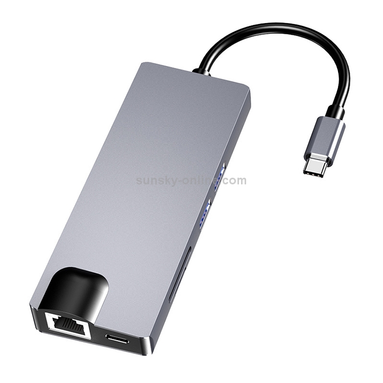 HW-TC12 8 In 1 Type-C / USB-C Multifunctional Extension HUB Adapter Hdmi / Vga Hub Card Reader + Network Card