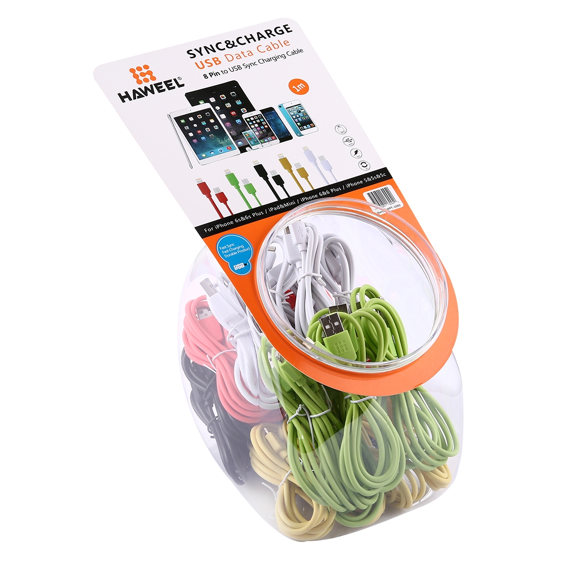 35 PCS Mixed Colors HAWEEL 1m High Speed 35 Cores 8 pin to USB Sync Charging Cable Kit with Candy Cans Package 35 PCS Mixed Colors HAWEEL 1m High Speed 35 Cores 8 pin to USB Sync Charging Cable Kit with Candy Cans Package