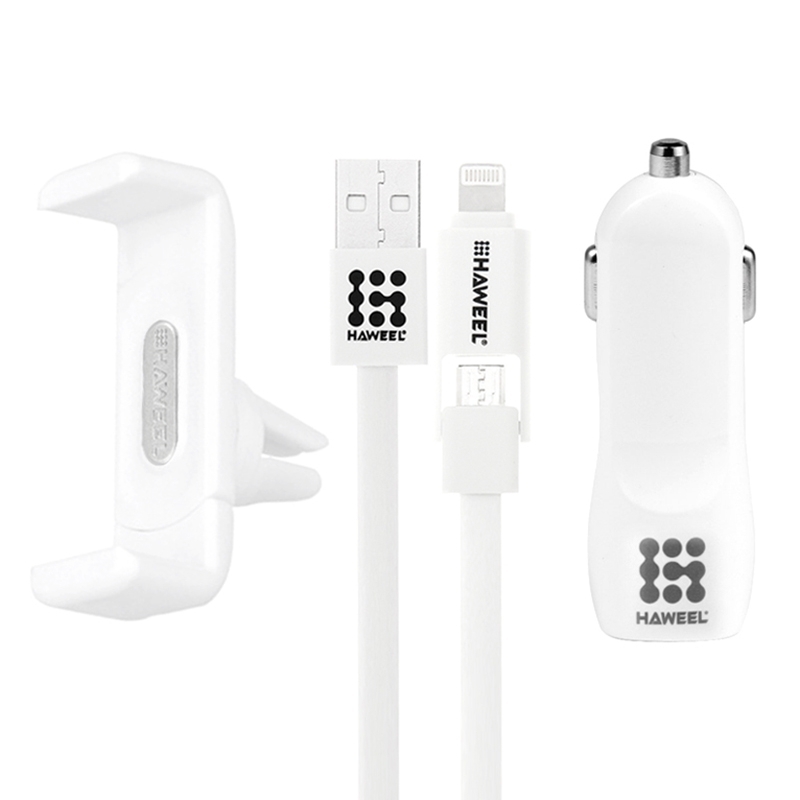 [US Warehouse] HAWEEL 3 in 1 Car Charger Kit (Dual Ports USB Car Charger + Air Vent Car Mount + 1m Micro USB & 8 Pin to USB Cable)