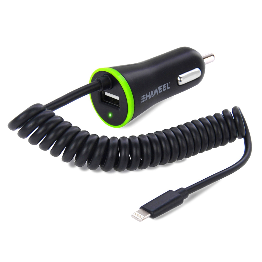 [US Warehouse] HAWEEL 5V 2.1A 8 pin USB Car Charger with Spring Cable, Length: 25cm-120cm