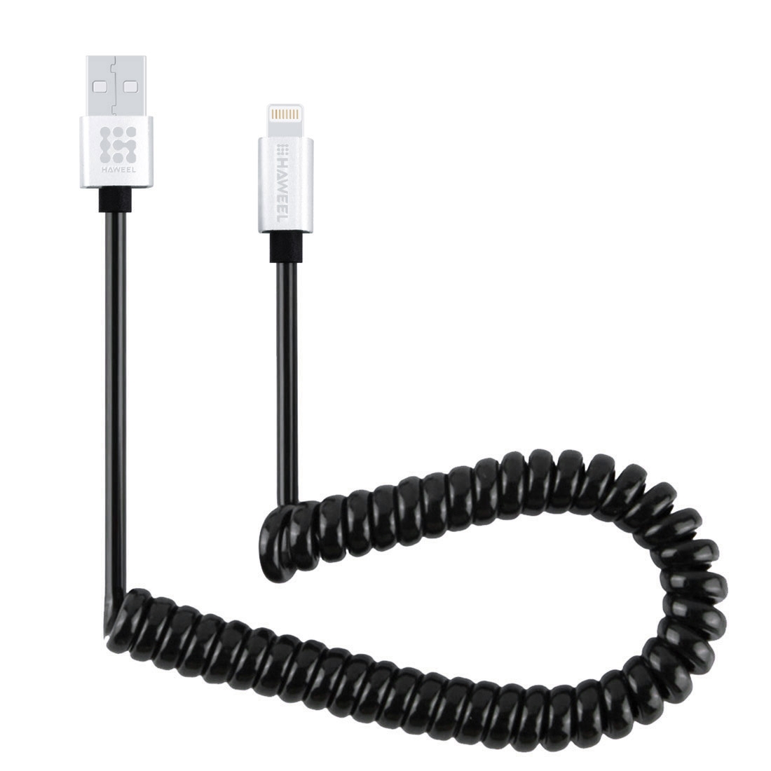 HAWEEL 2A 8 Pin to USB 2.0 Retractable Coiled Data Sync Charging Cable, Stretch Length: 30cm-100cm HAWEEL 2A 8 Pin to USB 2.0 Retractable Coiled Data Sync Charging Cable, Stretch Length: 30cm-100cm