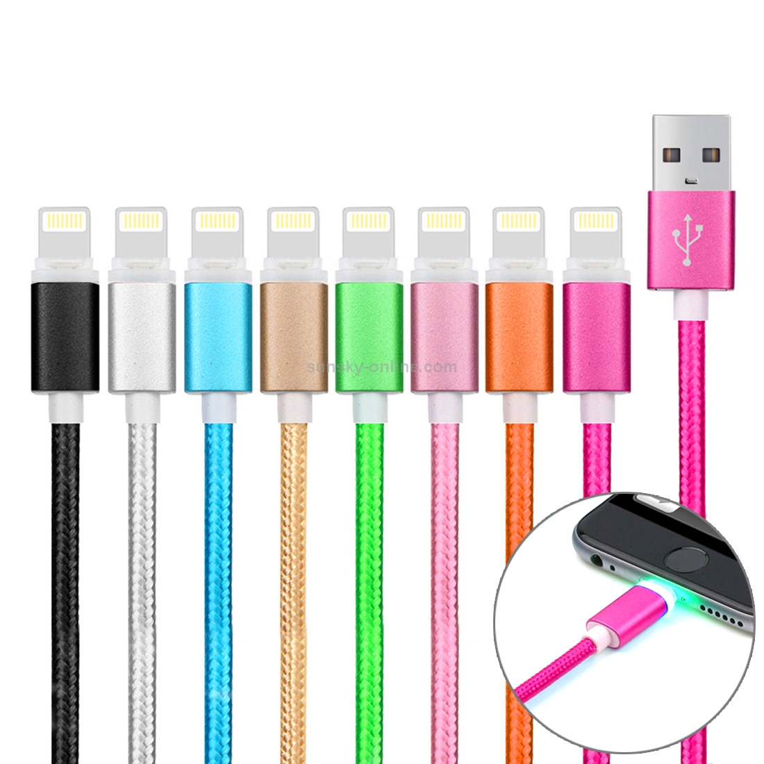 8 PCS 1m Woven Style Metal Head 8 Pin to USB 2.0 Data / Charger Cable Kit with Light 8 PCS 1m Woven Style Metal Head 8 Pin to USB 2.0 Data / Charger Cable Kit with Light