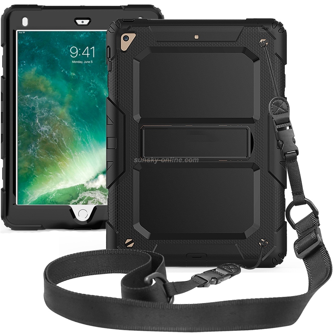 Shockproof PC + Silica Gel Protective Case for iPad 9.7 (2018), with Holder & Shoulder Strap(Black) Shockproof PC + Silica Gel Protective Case for iPad 9.7 (2018), with Holder & Shoulder Strap(Black)