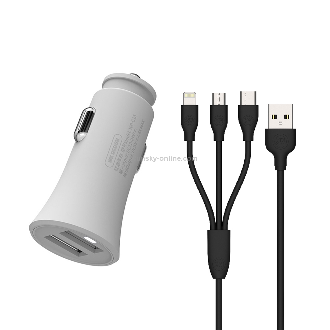 WK WP-C13 2.4A Warpath Dual USB Car Charger with USB to 8 Pin / Micro USB / Type-C Data Cable (White) WK WP-C13 2.4A Warpath Dual USB Car Charger with USB to 8 Pin / Micro USB / Type-C Data Cable (White)