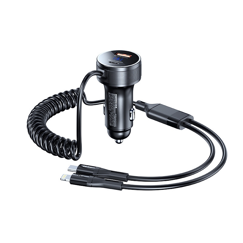 REMAX RCC336 Saga Series 2 in 1 Car 52.5W PD Fast Charger with USB-C / Type-C + 8 Pin Spring Cable REMAX RCC336 Saga Series 2 in 1 Car 52.5W PD Fast Charger with USB-C / Type-C + 8 Pin Spring Cable