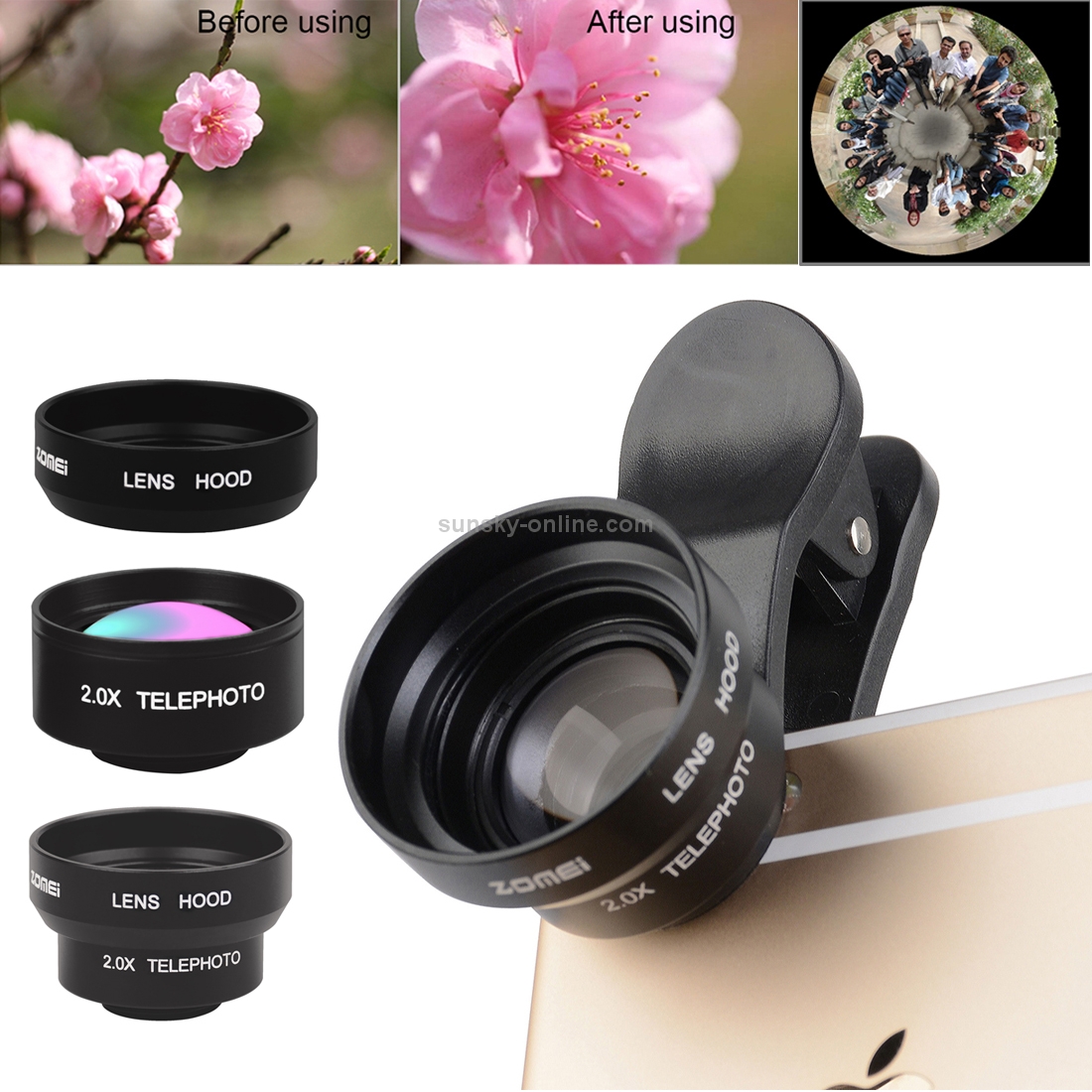 ZOMEI P2 5 in 1 Universal 0.36X Lens + 180 Degrees Fisheye Lens + 2.0X Telephoto Lens + Lens Hood + 3 Lens Clips ZOMEI P2 5 in 1 Universal 0.36X Lens + 180 Degrees Fisheye Lens + 2.0X Telephoto Lens + Lens Hood + 3 Lens Clips
