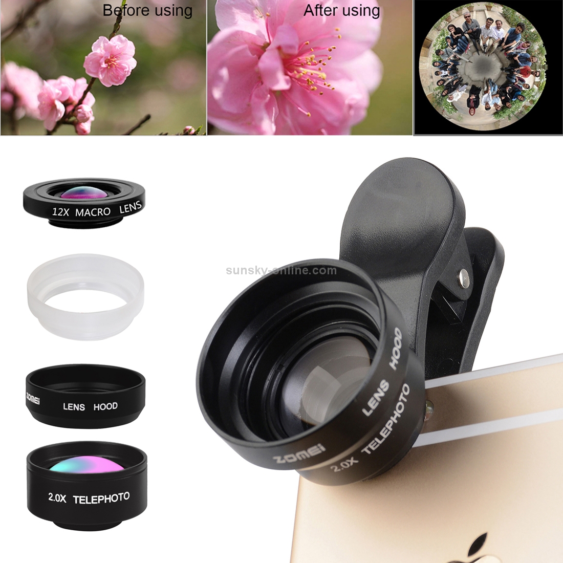 ZOMEI P3 5 in 1 Universal 0.36X Lens + 2.0X Lens + Dual 6X & 12X Macro Lens Close-up Filter + Lens Hood + 3 Lens Clips ZOMEI P3 5 in 1 Universal 0.36X Lens + 2.0X Lens + Dual 6X & 12X Macro Lens Close-up Filter + Lens Hood + 3 Lens Clips