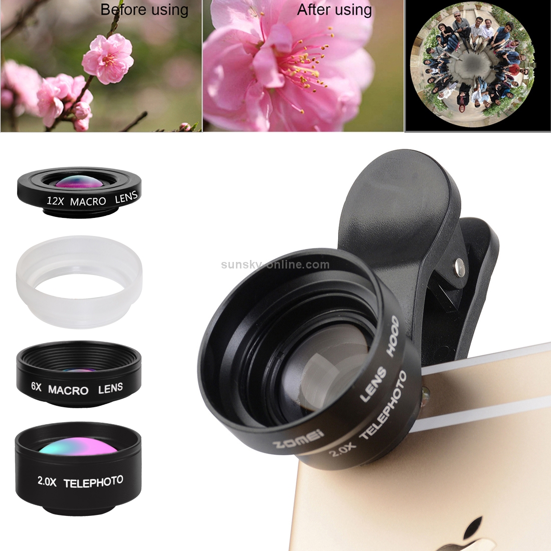 ZOMEI P4 5 in 1 Universal 0.36X Lens + 180 Degrees Lens + Dual 6X & 12X Macro Lens Close-up Filter + Lens Hood + 3 Clips ZOMEI P4 5 in 1 Universal 0.36X Lens + 180 Degrees Lens + Dual 6X & 12X Macro Lens Close-up Filter + Lens Hood + 3 Clips