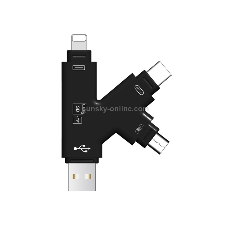 4 in 1 USB 2.0 & Micro USB & USB-C / Type-C & 8 Pin Universal Multi-function TF / SD Card Reader (Black) 4 in 1 USB 2.0 & Micro USB & USB-C / Type-C & 8 Pin Universal Multi-function TF / SD Card Reader (Black)