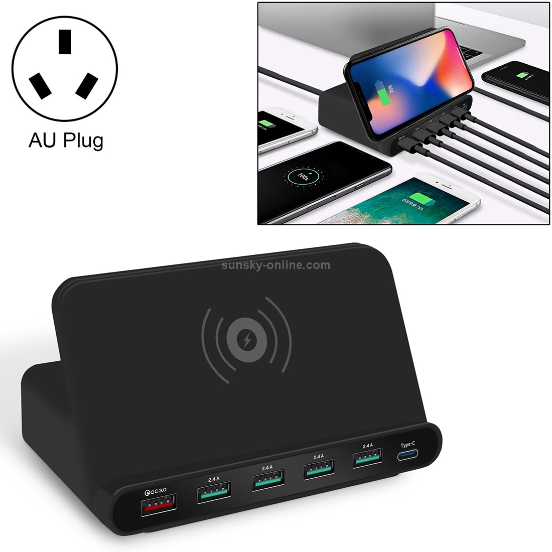 828W 7 in 1 60W QC 3.0 USB Interface + 4 USB Ports + USB-C / Type-C Interface + Wireless Charging Multi-function Charger with Mobile Phone Holder Function, AU Plug(Black) 828W 7 in 1 60W QC 3.0 USB Interface + 4 USB Ports + USB-C / Type-C Interface + Wireless Charging Multi-function Charger with Mobile Phone Holder Function, AU Plug(Black)