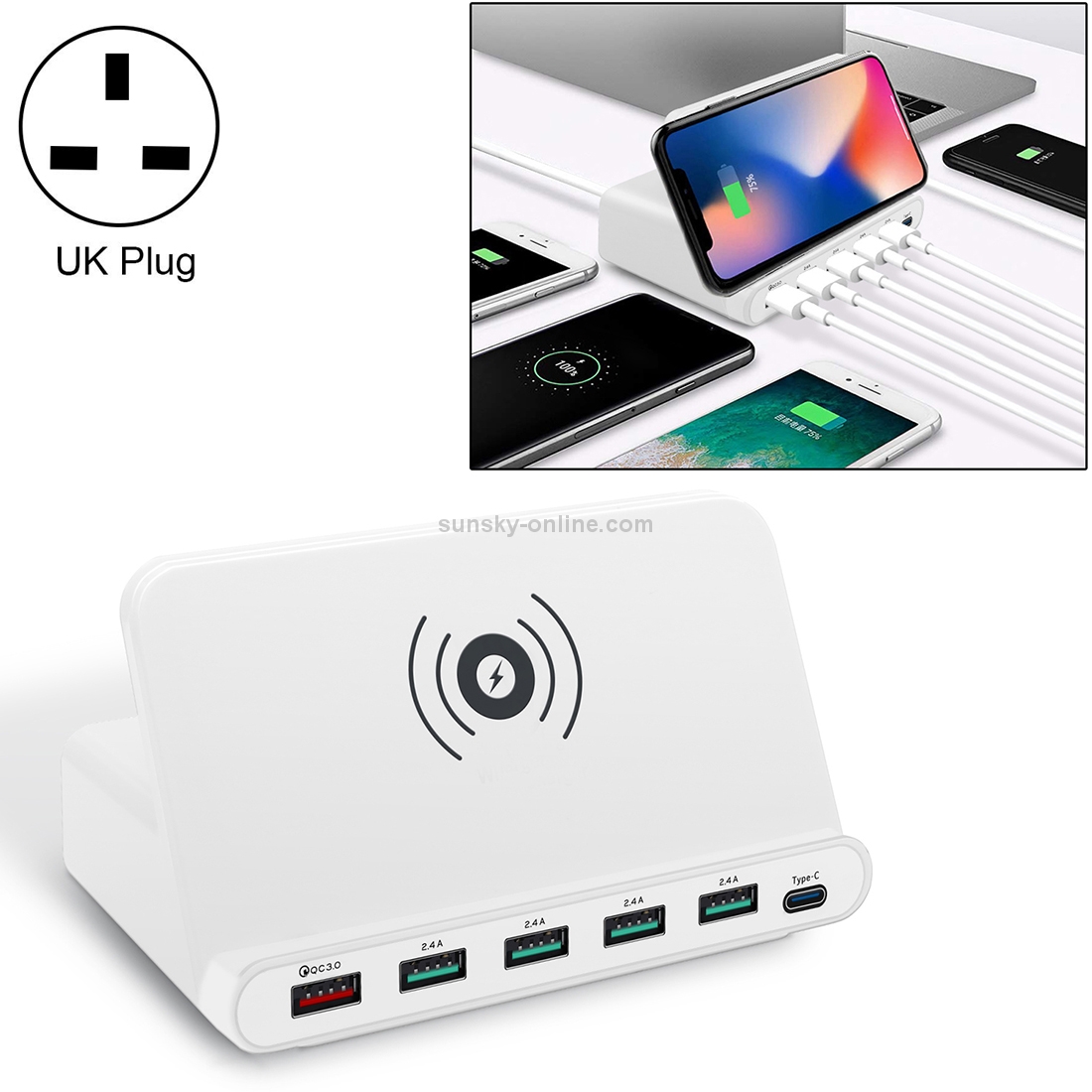828W 7 in 1 60W QC 3.0 USB Interface + 4 USB Ports + USB-C / Type-C Interface + Wireless Charging Multi-function Charger with Mobile Phone Holder Function, UK Plug(White) 828W 7 in 1 60W QC 3.0 USB Interface + 4 USB Ports + USB-C / Type-C Interface + Wireless Charging Multi-function Charger with Mobile Phone Holder Function, UK Plug(White)