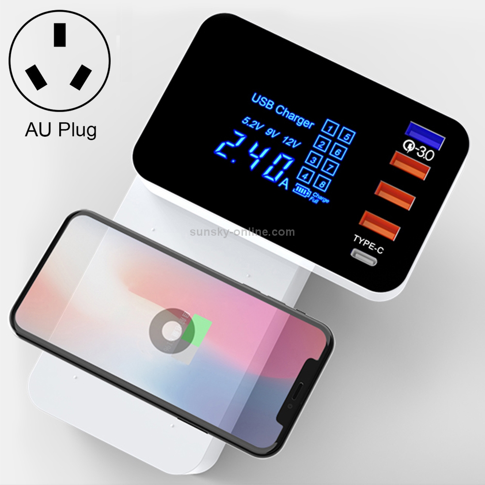 CDA33Q 40W QC 3.0 USB + 3 USB Ports + USB-C / Type-C Ports Multi-function Charger with LED Display, AU Plug CDA33Q 40W QC 3.0 USB + 3 USB Ports + USB-C / Type-C Ports Multi-function Charger with LED Display, AU Plug