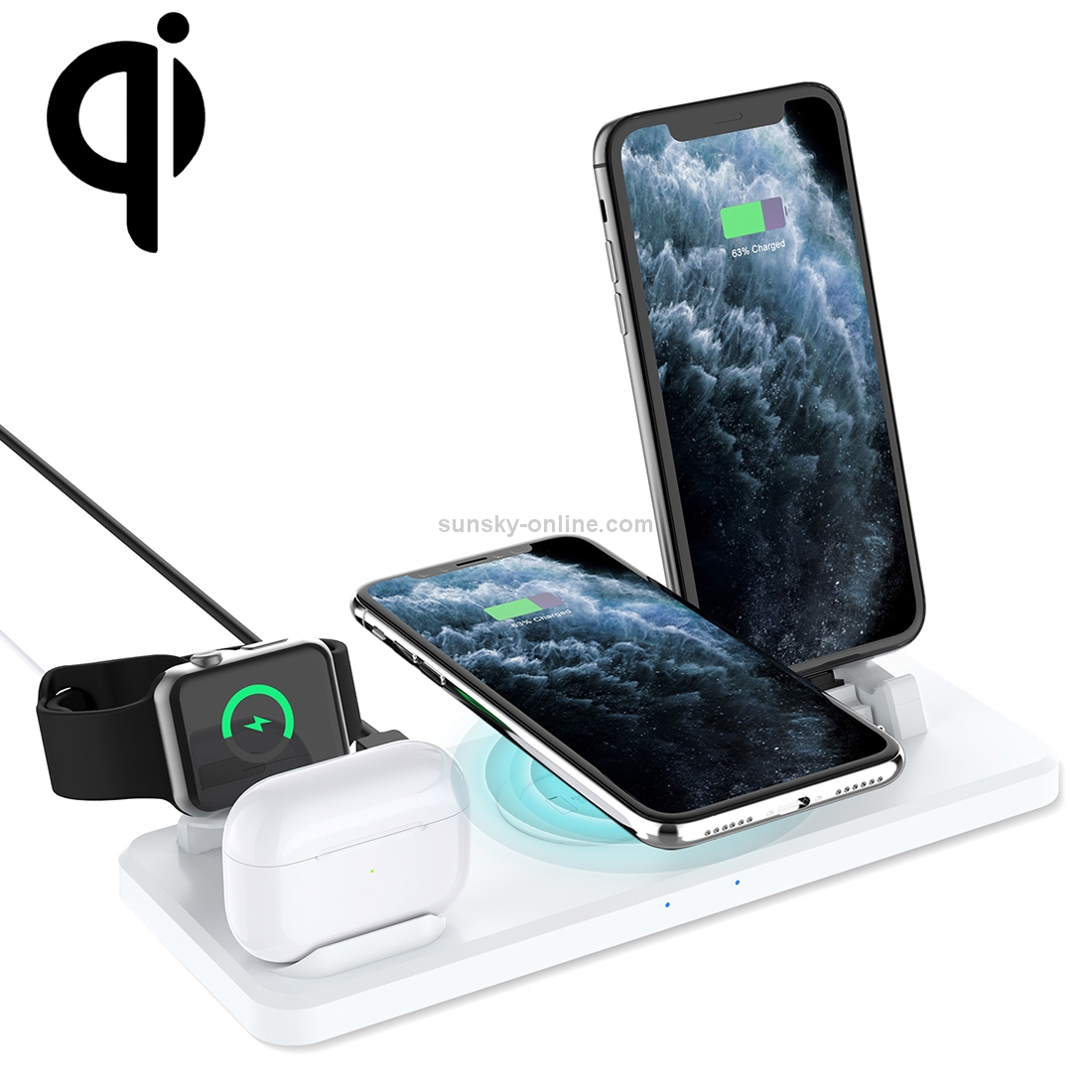 Q720 6 in 1 15W 8 Pin + USB-C / Type-C + USB + 8 Pin Earphone Charging Interface + QI Wireless Charging Multifunctional Wireless Charger with Mobile Phone / Watch Stand Function(White) Q720 6 in 1 15W 8 Pin + USB-C / Type-C + USB + 8 Pin Earphone Charging Interface + QI Wireless Charging Multifunctional Wireless Charger with Mobile Phone / Watch Stand Function(White)
