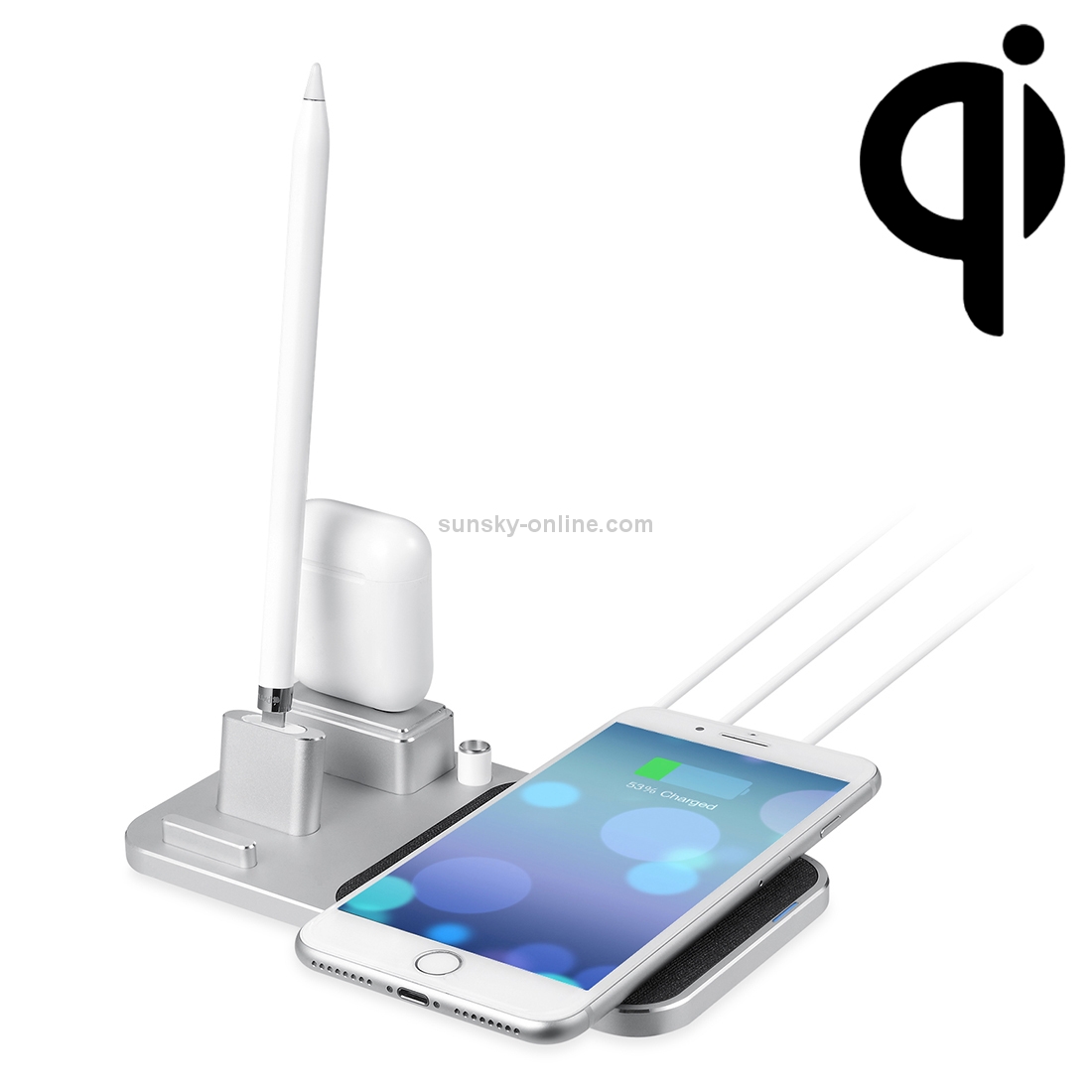 10W 4 in 1 Qi Standard Multi-function Wireless Charger with Stand, Suitable for Mobile Phones & Apple Pen & Apple Earphone(Silver) 10W 4 in 1 Qi Standard Multi-function Wireless Charger with Stand, Suitable for Mobile Phones & Apple Pen & Apple Earphone(Silver)