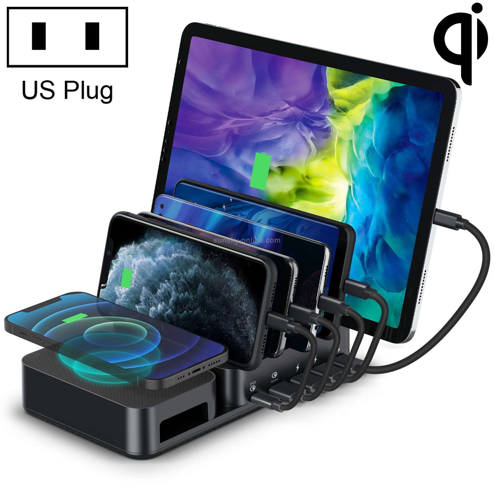 PW020 72W Wireless Charger + PD USB-C / Type-C + QC 3.0 USB + 3 USB Ports Smart Charger with Detachable Bracket, US Plug PW020 72W Wireless Charger + PD USB-C / Type-C + QC 3.0 USB + 3 USB Ports Smart Charger with Detachable Bracket, US Plug