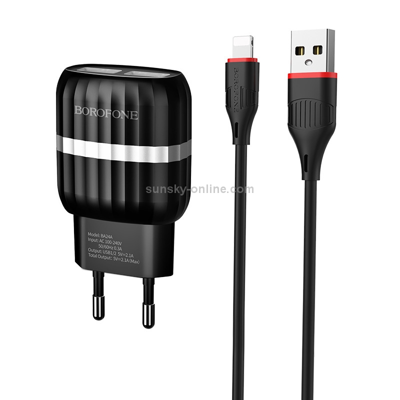 BOROFONE BA24A 2.1A Vigour Dual Port Charger Power Adapter Set with 8 Pin Charging Cable, EU Plug(Black) BOROFONE BA24A 2.1A Vigour Dual Port Charger Power Adapter Set with 8 Pin Charging Cable, EU Plug(Black)