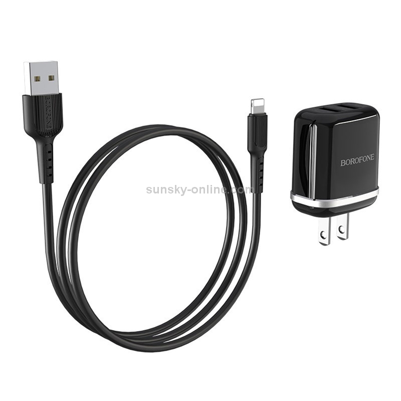 BOROFONE BA25 2.4A Outstanding Dual Port Charger Power Adapter Set with 8 Pin Charging Cable, US Plug(Black) BOROFONE BA25 2.4A Outstanding Dual Port Charger Power Adapter Set with 8 Pin Charging Cable, US Plug(Black)
