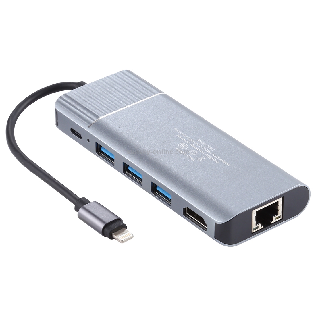 6 in 1 USB 2.0 x 3 + HDMI + RJ45 + 8 Pin Female Charging Port to 8 Pin Male Multi-function Dock Station Adapter 6 in 1 USB 2.0 x 3 + HDMI + RJ45 + 8 Pin Female Charging Port to 8 Pin Male Multi-function Dock Station Adapter