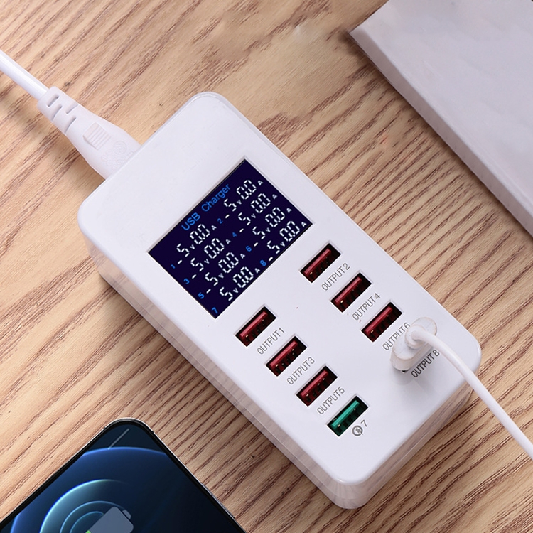 A8 50W 8 Ports USB + QC3.0 Smart Charging Station with Digital Display AC100-240V, UK Plug A8 50W 8 Ports USB + QC3.0 Smart Charging Station with Digital Display AC100-240V, UK Plug