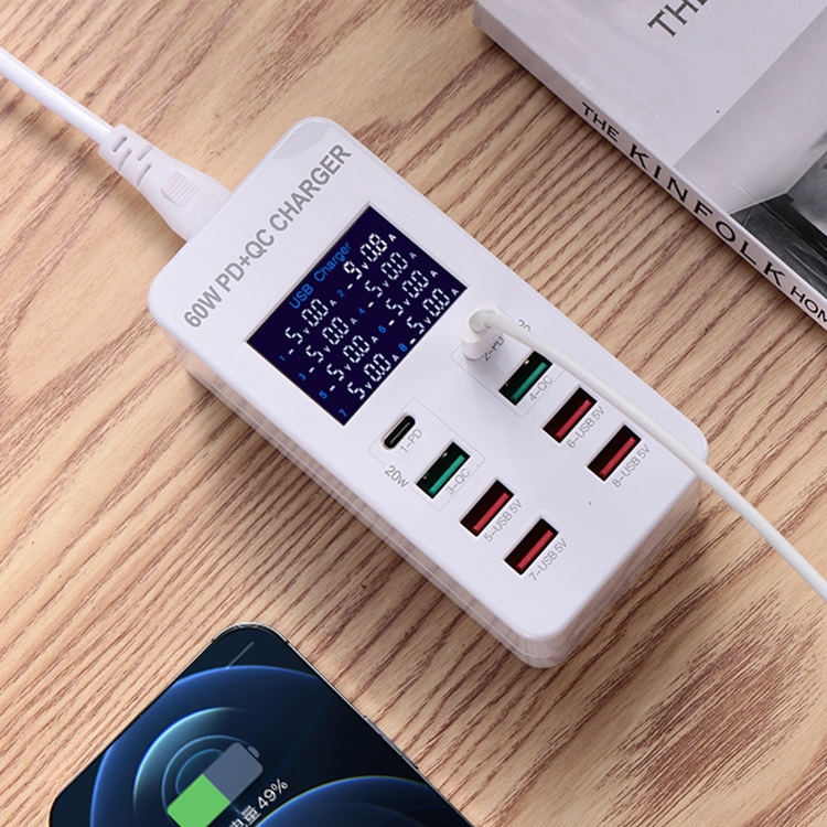 A8T 60W 8 Ports USB + QC3.0 + PD Type-C Smart Charging Station with Digital Display AC100-240V, US Plug A8T 60W 8 Ports USB + QC3.0 + PD Type-C Smart Charging Station with Digital Display AC100-240V, US Plug