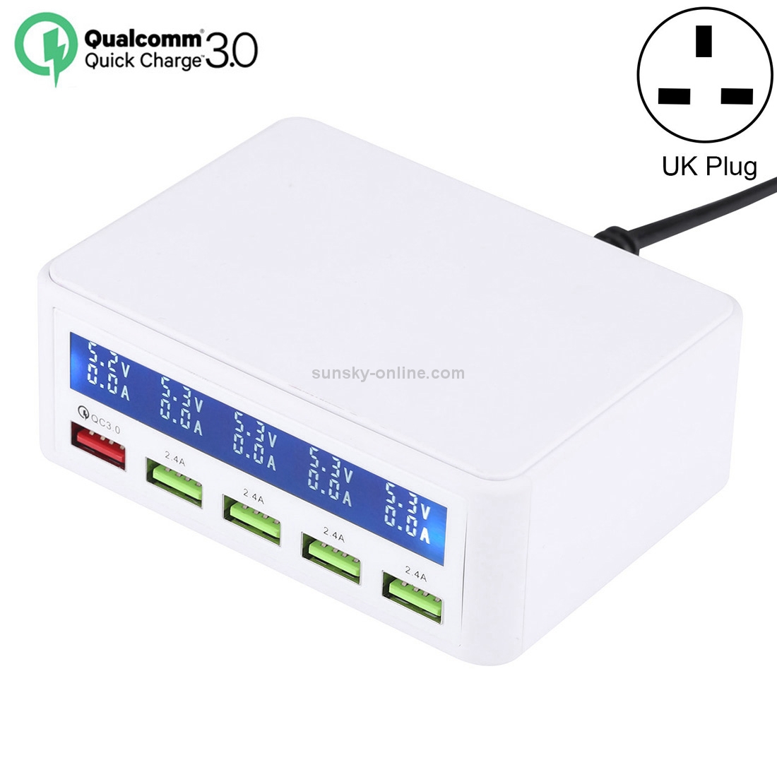 40W QC3.0 2.4A 4-USB Ports Fast Charger Station Travel Desktop Charger Power Adapter with LCD Digital Display, UK Plug 40W QC3.0 2.4A 4-USB Ports Fast Charger Station Travel Desktop Charger Power Adapter with LCD Digital Display, UK Plug
