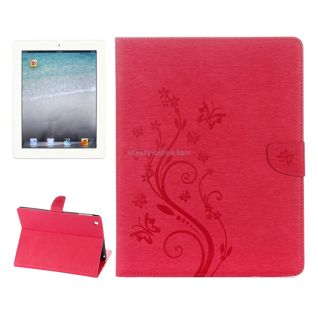 For iPad 4 Pressed Flowers Butterfly Pattern Horizontal Flip PU Leather Case with Magnetic Buckle & Holder & Card Slots & Wallet(Magenta)