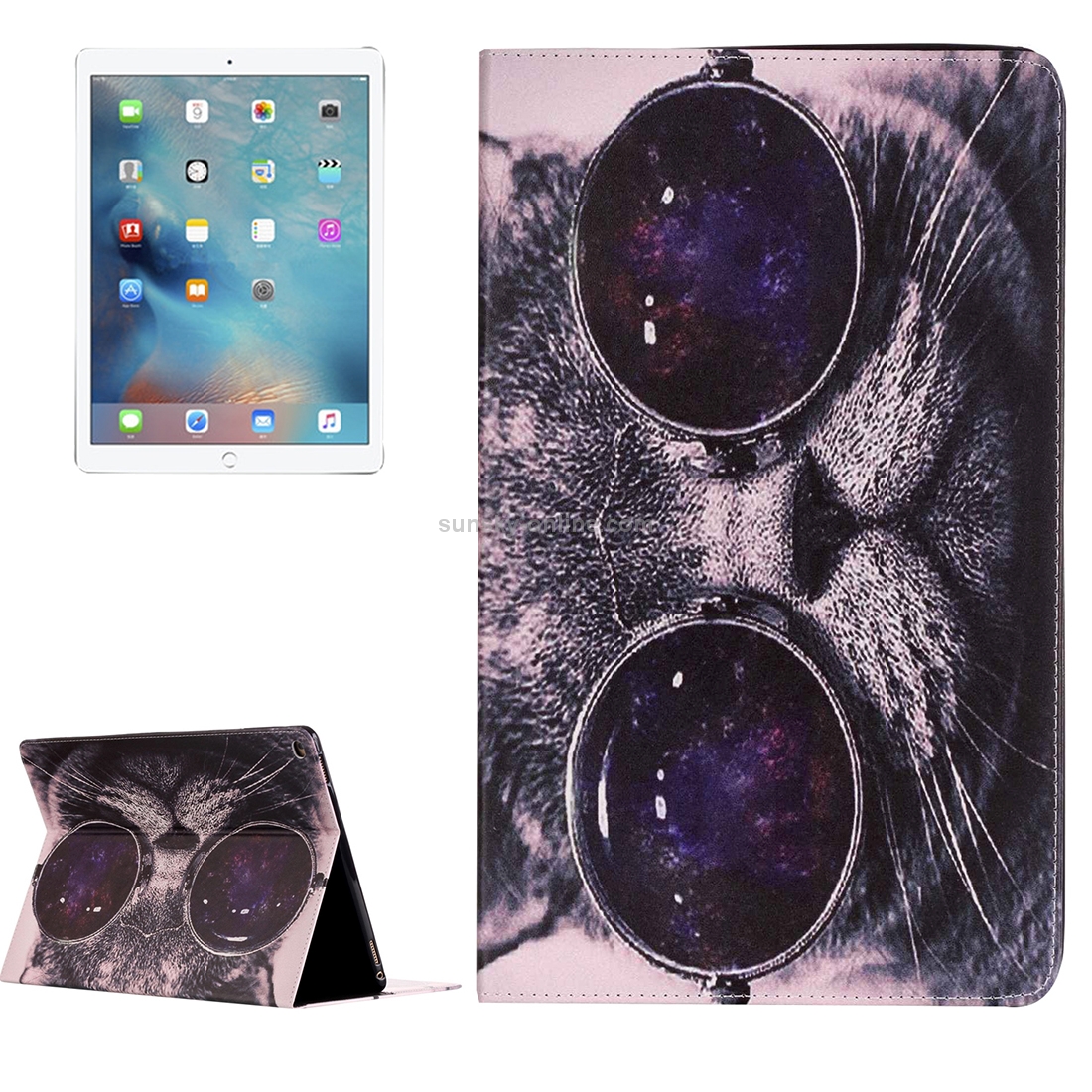 For iPad Pro 12.9 inch Painting Wearing Glasses Cat Pattern Horizontal Flip Leather Case with Holder