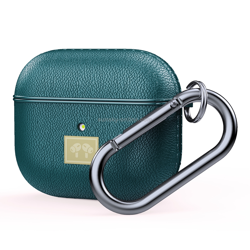 Leather Texture Earphone Protective Case with Hook for AirPods 3 (Dark Green) Leather Texture Earphone Protective Case with Hook for AirPods 3 (Dark Green)