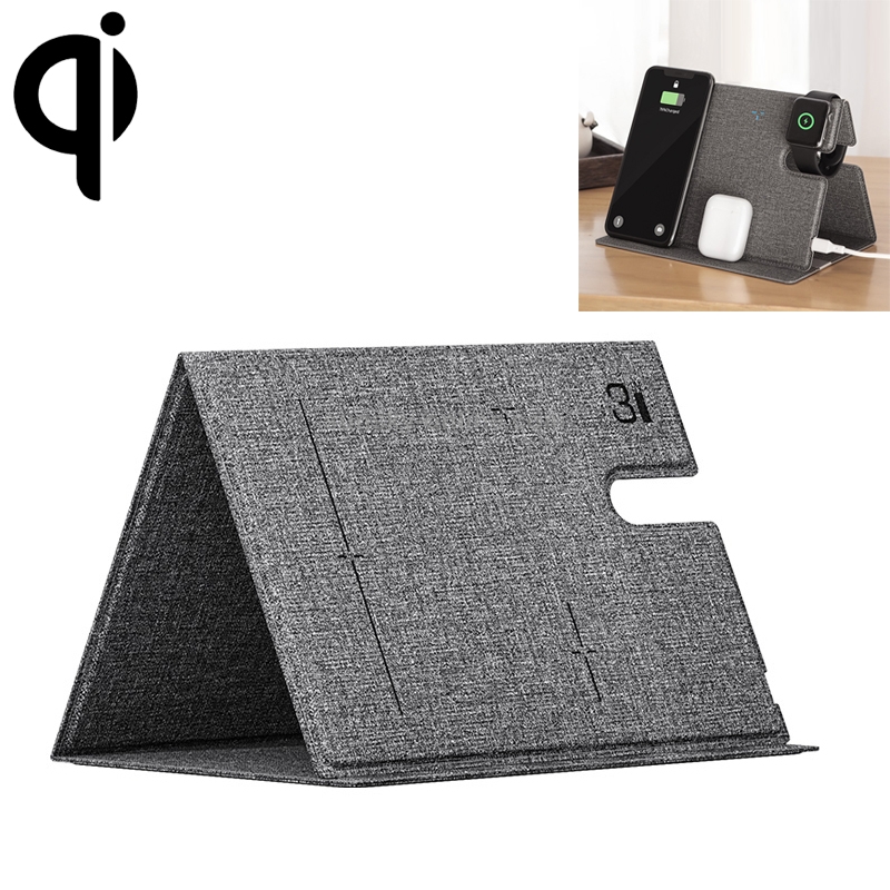 ROCK 3 in 1 Leather Portable Folding Wireless Charger for iPhone + iWatch + AirPods (Grey) ROCK 3 in 1 Leather Portable Folding Wireless Charger for iPhone + iWatch + AirPods (Grey)