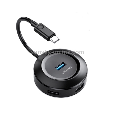 USAMS US-SJ415 Small Round Box Type-C3.0 / 4 USB Intelligent HUB Adapter, Length 100mm(Black)
