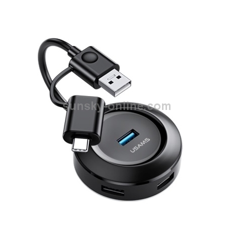 USAMS US-SJ416 Small Round Box USB 3.0 + Type-C 3.0 / 4 USB Intelligent HUB Adapter, Length 120mm(Black) USAMS US-SJ416 Small Round Box USB 3.0 + Type-C 3.0 / 4 USB Intelligent HUB Adapter, Length 120mm(Black)