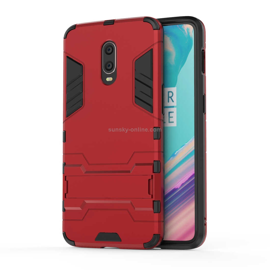 Shockproof PC + TPU  Case for OnePlus 6T, with Holder(Red)