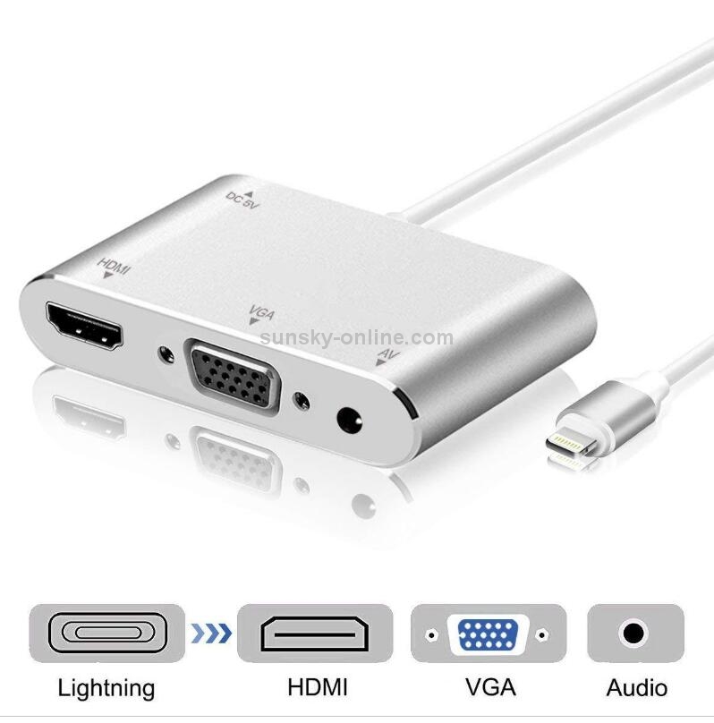 3 in 1 8 Pin to HDMI / VGA / Audio Adapter(Silver) 3 in 1 8 Pin to HDMI / VGA / Audio Adapter(Silver)
