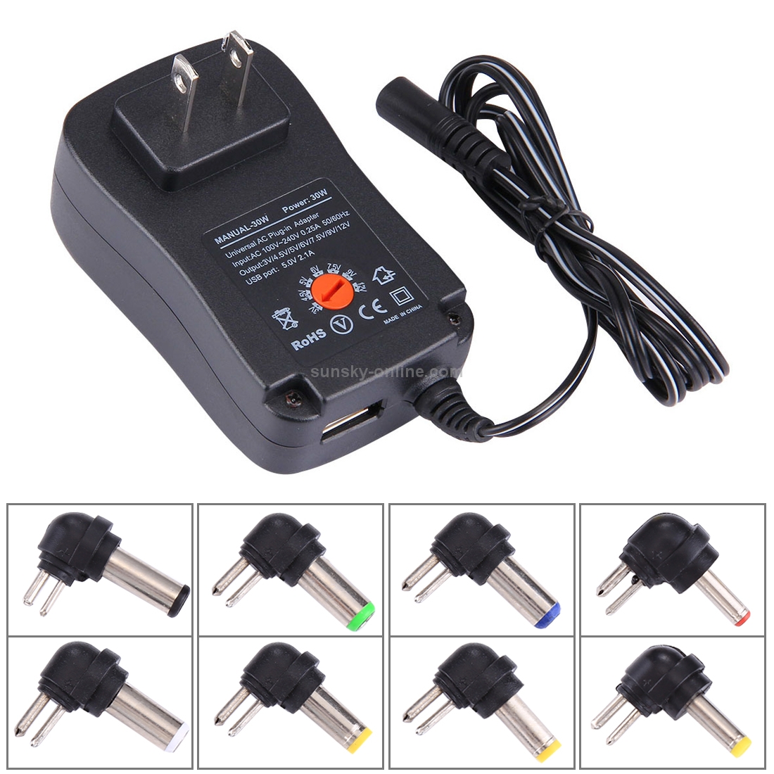 US Plug Universal 30W Power Wall Plug-in Adapter with 5V 2.1A USB Port, Tips: 6 PCS, Cable Length: About 1.2m