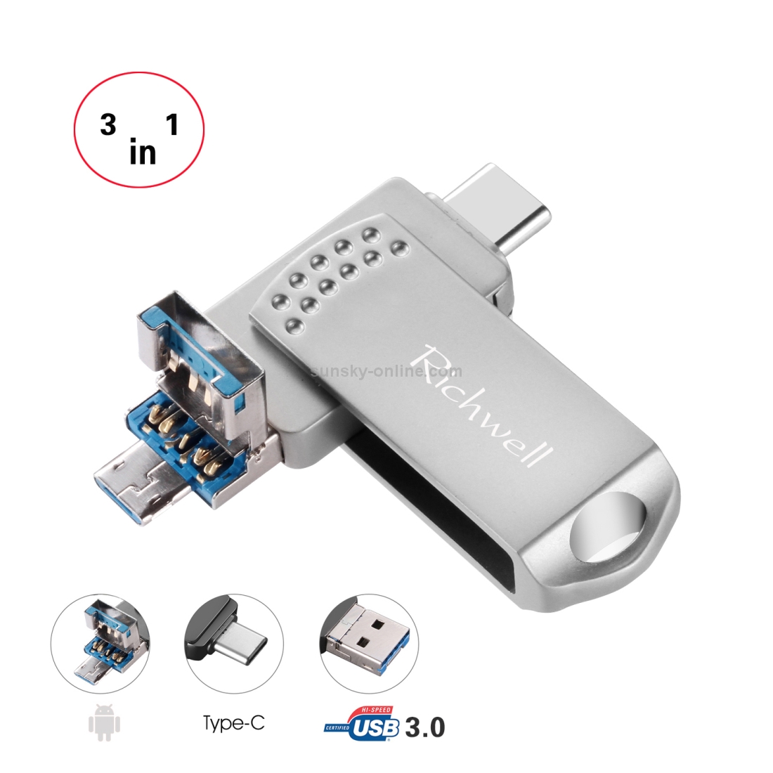 Richwell 3 in 1 64G Type-C + Micro USB + USB 3.0 Metal Flash Disk with OTG Function(Silver) Richwell 3 in 1 64G Type-C + Micro USB + USB 3.0 Metal Flash Disk with OTG Function(Silver)