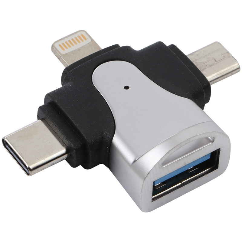 3 in 1 8 Pin + USB-C / Type-C + Micro USB Male to USB 3.0 Female Zinc Alloy Adapter 3 in 1 8 Pin + USB-C / Type-C + Micro USB Male to USB 3.0 Female Zinc Alloy Adapter