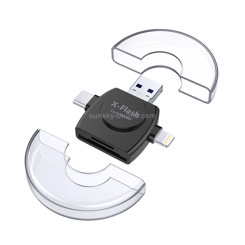 X-Flash R01 3 in 1 8 Pin + USB-C / Type-C + Micro USB Interface SD / TF Card Reader(Black) X-Flash R01 3 in 1 8 Pin + USB-C / Type-C + Micro USB Interface SD / TF Card Reader(Black)